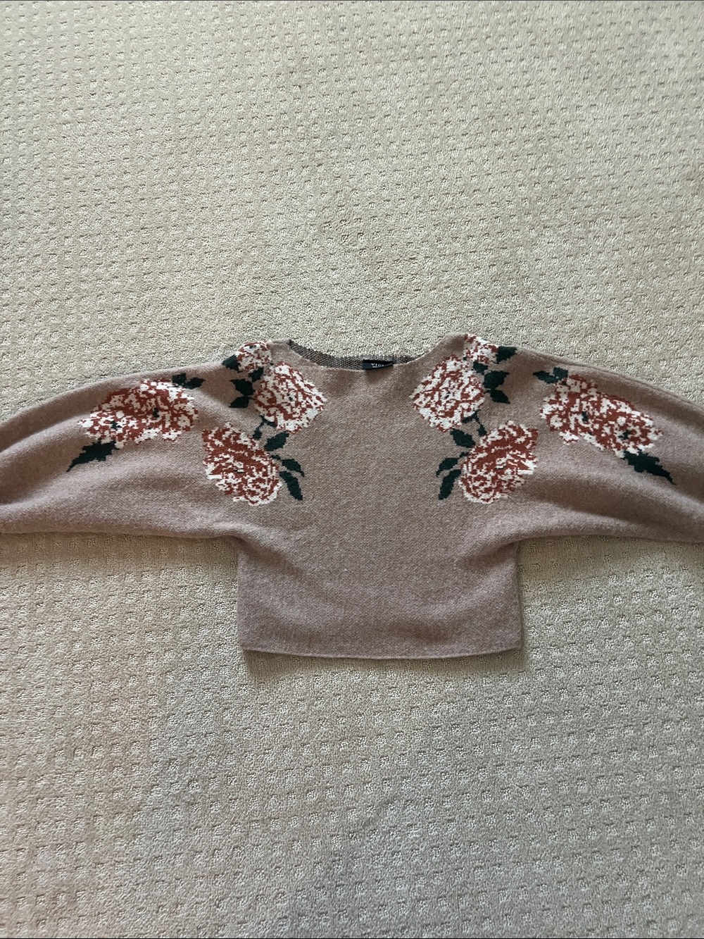 Vici Taupe Crewneck Sweater with Rose Embroidery